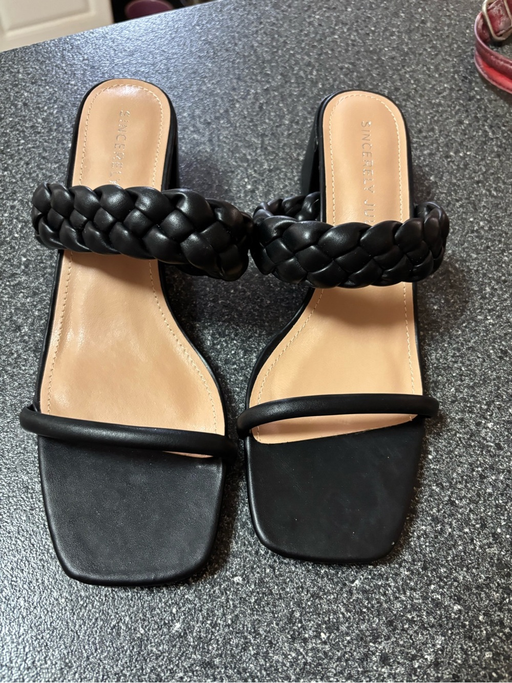 Sincerly Jules Black Braided Strap Square-Toe Slide Sandals